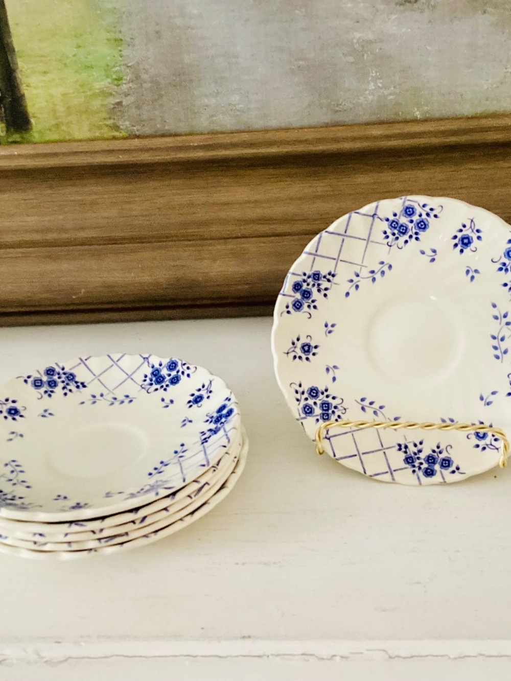 Lot Of 6 MYOTT MEAKIN 6” saucer plates LATTICE Blue Staffordshire England 1982